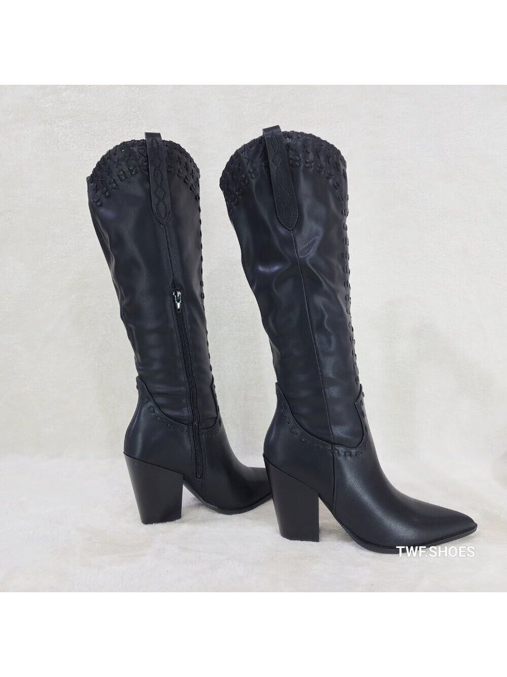 Weaver Black Matte Western Knee High Cowgirl Boots Weave Design - Picture 3 of 8
